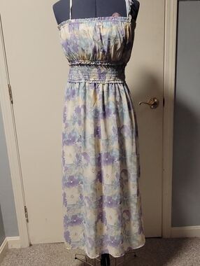 Smocked Waist Floral Maxi Sundress in Lavender and Cream